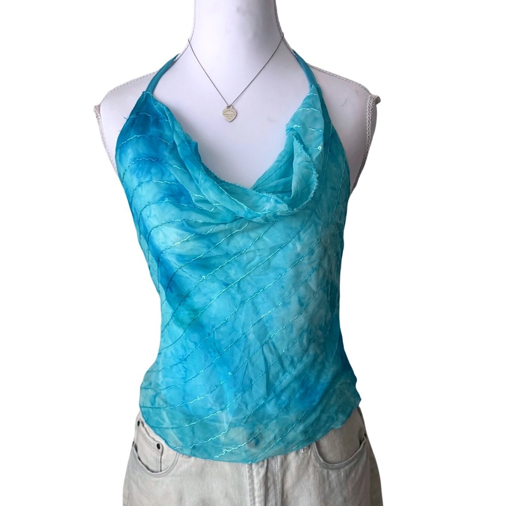 Y2K Blue Halter Top Tie Dye Cowl Neck Sequin Mermaidcore Whimsy Fairy Small